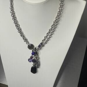 necklace costume jewelry Silver tone pendant black gray charms boho trendy